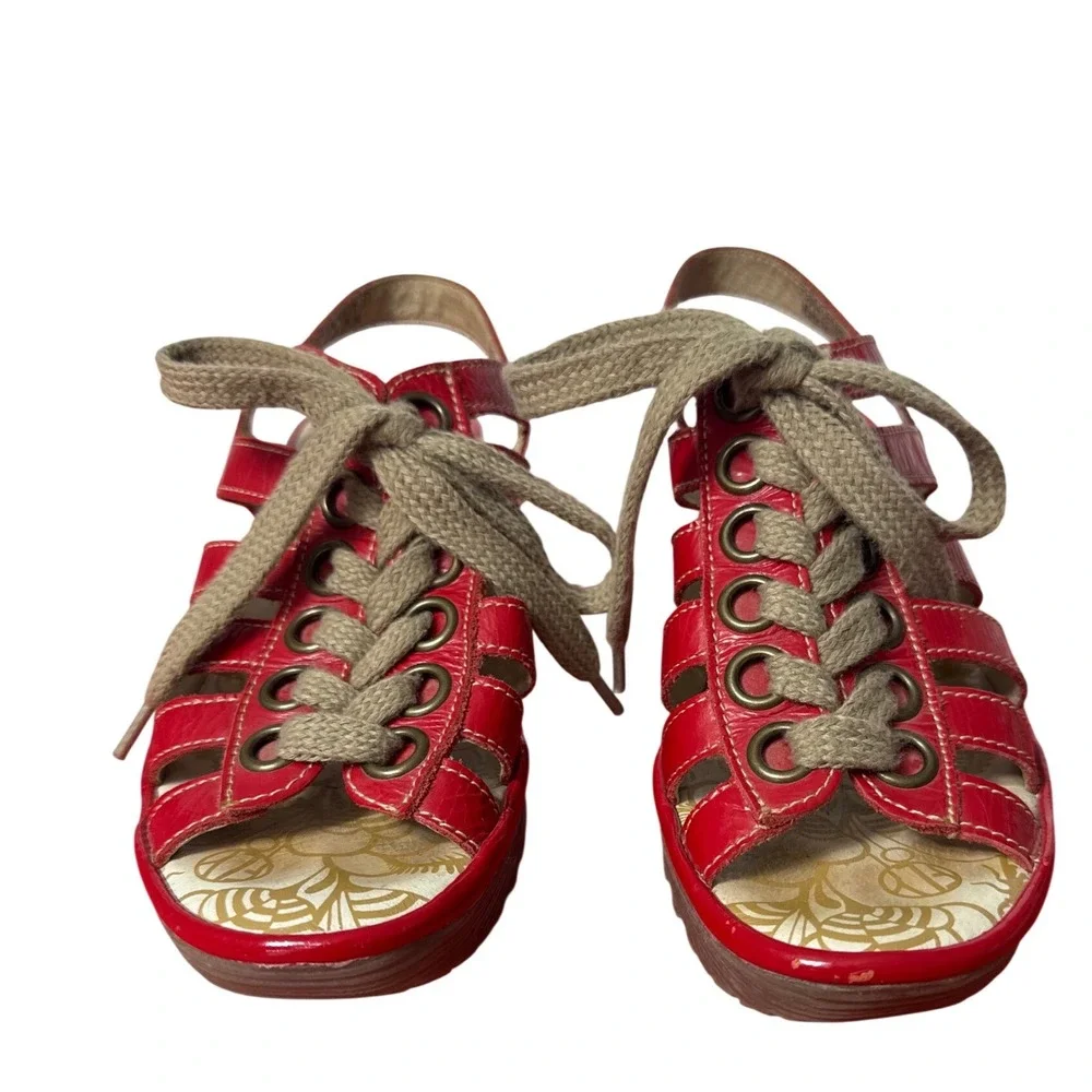 Fly London Wedge Sandals Women 37 Red Good Lace Up Gladiator Platform P500459016